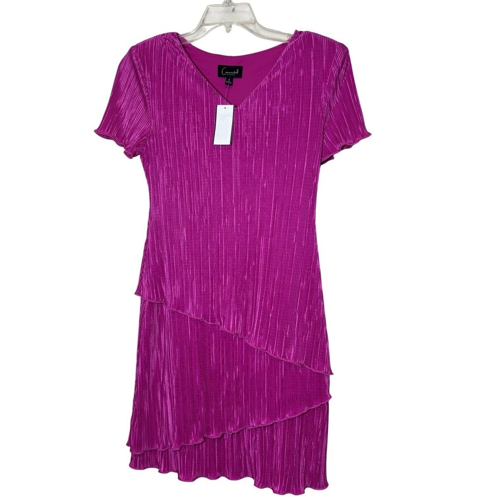 Connected Apparel Dark Raspberry Pleated Tiered ruffled Cocktail Dress Size 6